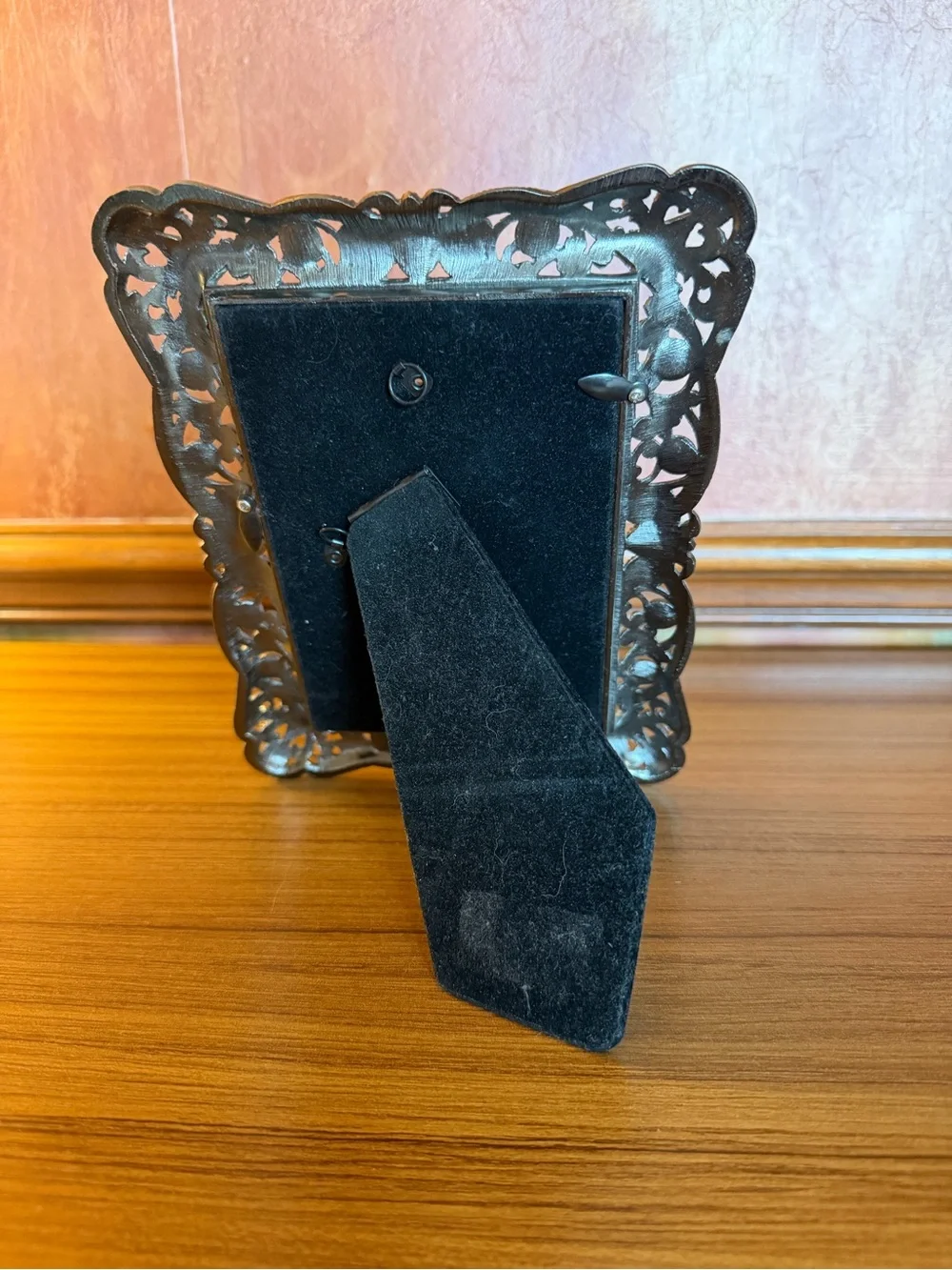 Vintage Ornate Pewter Metal Bejeweled 4x6 Picture Frame Heavy Filigree Crystals